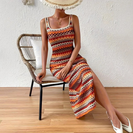 Damen Maxikleid mit auffälligem geometrischem Muster und seitlichem Schlitz EB