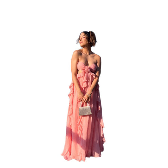 Damen luftiges Sommerkleid mit Rüschendetails und schulterfreiem Design EB