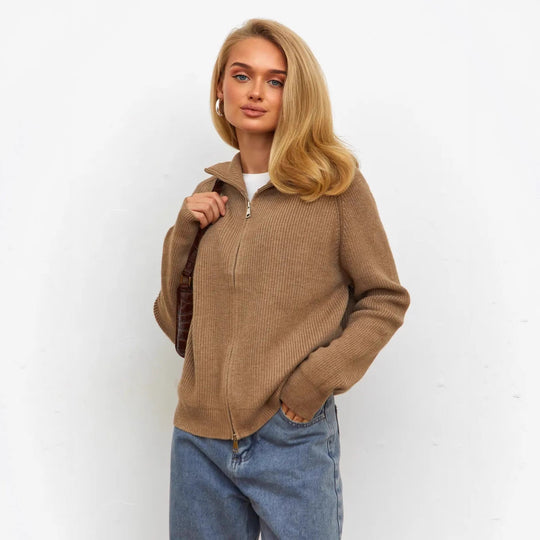Damen Pullover mit hochschließendem Reißverschluss und strukturiertem Maschenmuster EB