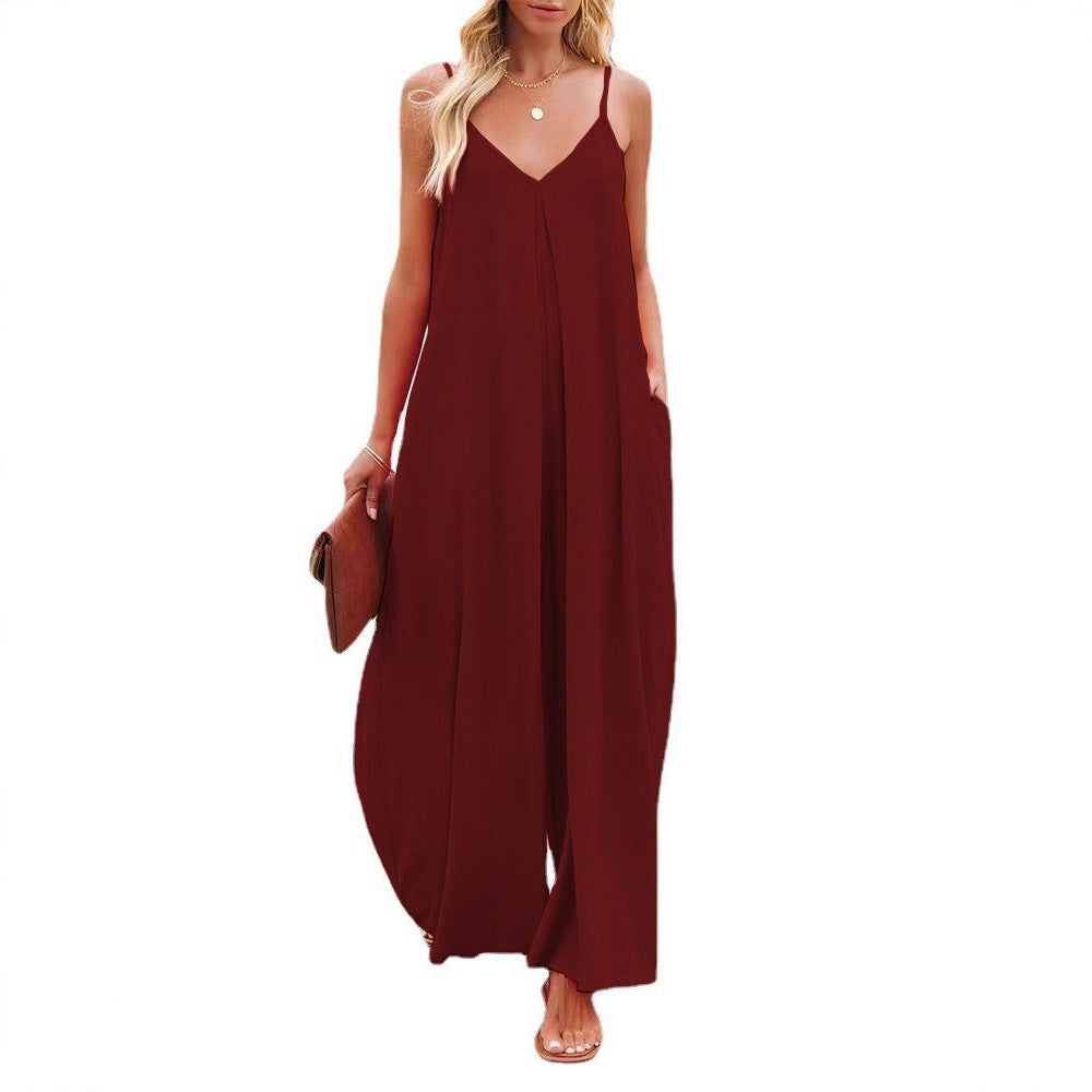 Damen Maxi-Jumpsuit mit elegantem V-Ausschnitt und seitlichen Taschen EB