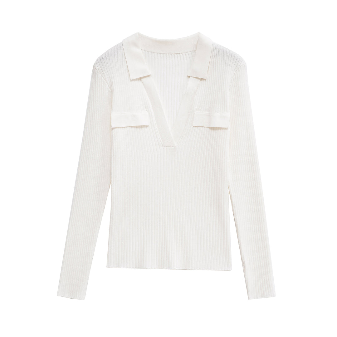 Damen Langarmshirt mit V-Ausschnitt und dekorativen Taschen EB