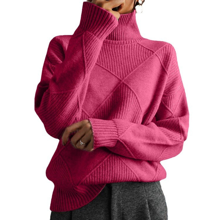 Damen nan weit geschnittener Strickpullover mit hohem Rollkragen und Rautenmuster EB