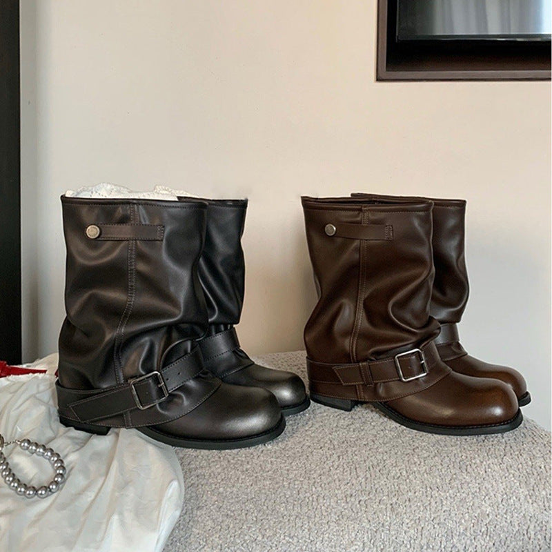 Damen Stiefel mit elegantem Riemenverschluss und modischem Falten-Design EB