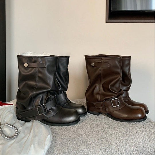 Damen Stiefel mit elegantem Riemenverschluss und modischem Falten-Design EB