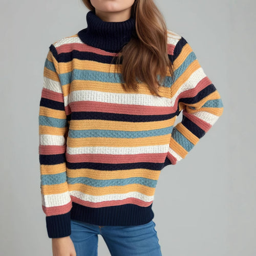 Damen Rollkragenpullover mit farbenfrohen Streifen und hochwertiger Strickqualität EB
