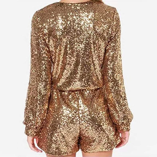 EB Damen Kurzer Pailletten-Jumpsuit Langarm mit V-Ausschnitt