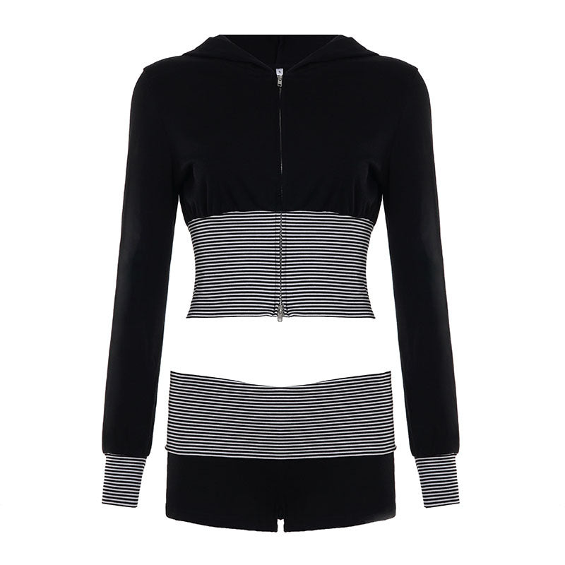 Damen nan kurz geschnittenes Lounge-Set mit Kapuzen-Cropped-Zip und gestreiften Highwaist-Shorts EB