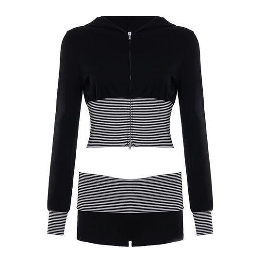 Damen nan kurz geschnittenes Lounge-Set mit Kapuzen-Cropped-Zip und gestreiften Highwaist-Shorts EB