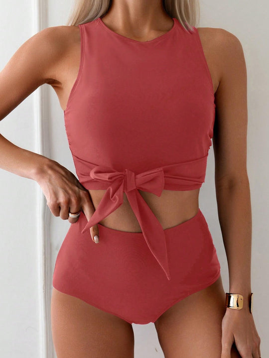 Damen Hoch tailliertes Bikini-Set mit modischem Knoten-Detail EB