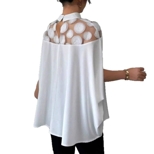 Damen nan elegante Tunika-Bluse mit Stehkragen, transparenter Rund-Applikationspasse und Cape-Ärmeln EB