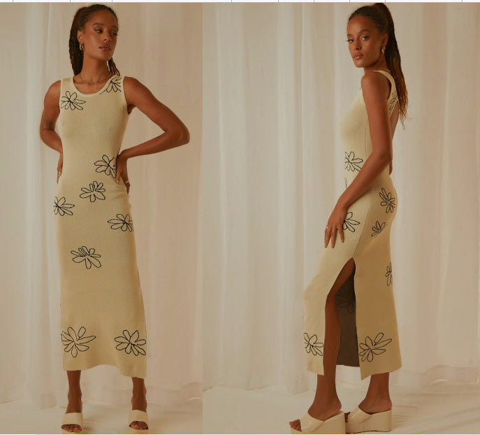 Damen Blumen Strickkleid mit schmalem Schnitt und ärmellosem Design EB