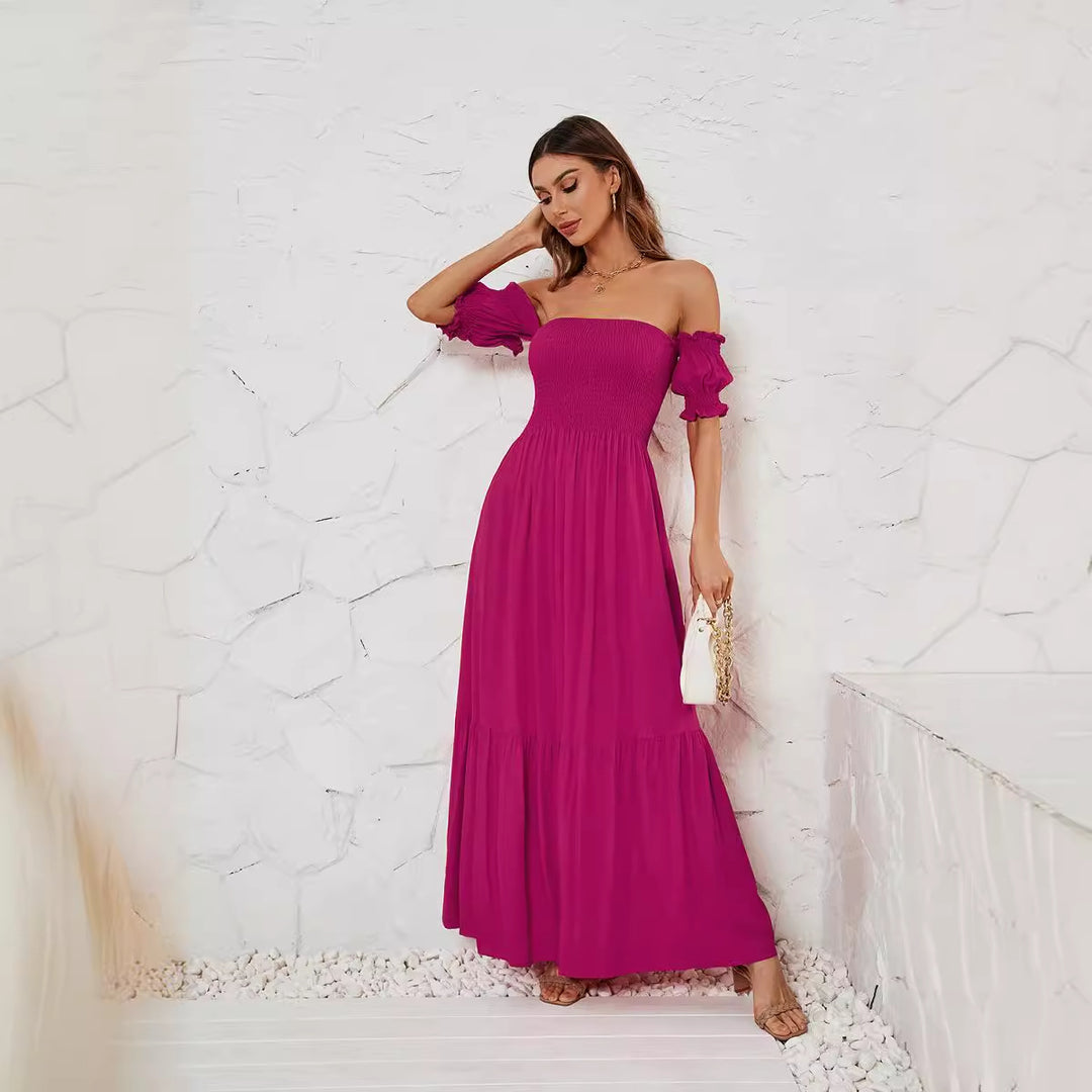 Damen Maxikleid mit schulterfreiem Schnitt und romantischen Puffärmeln EB