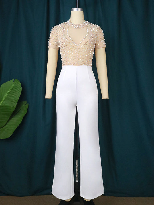 Damen eleganter Jumpsuit mit glitzernden Perlenakzenten EB