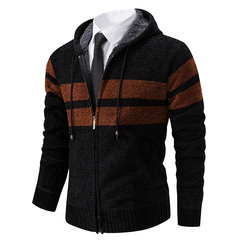 Herren nan gestrickte Kapuzenjacke mit Teddyfutter, verdecktem Reißverschluss und kontrastreifen EB