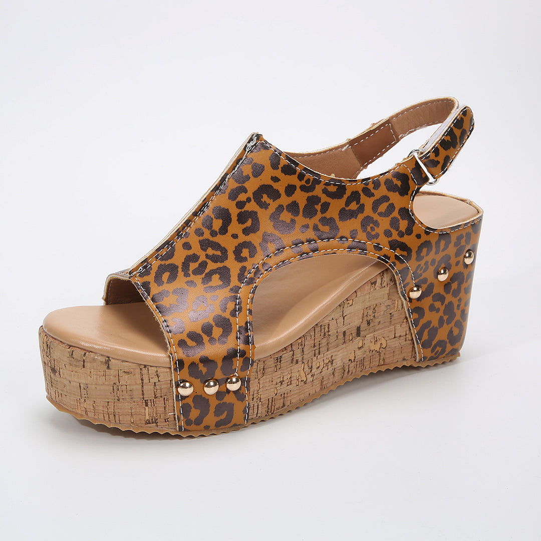 Damen Plateau-Sandalen mit ausgefallenem Leopardenmuster und Kork-Optik EB