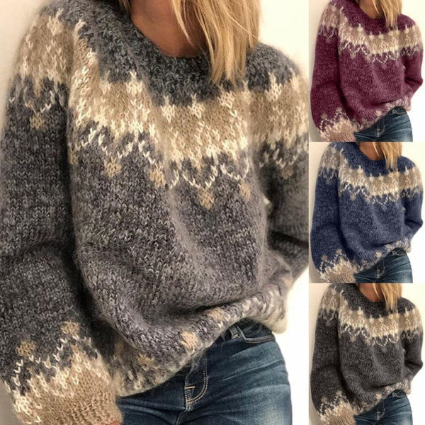 Damen gemütlicher Strickpullover mit modernem Muster und voluminösen Ärmeln EB
