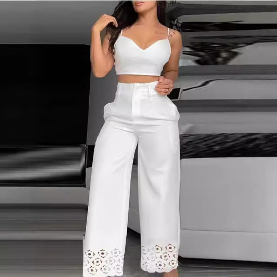 Damen Trendiges Zweiteiliges Outfit mit Oberteil und weiten Hosen EB