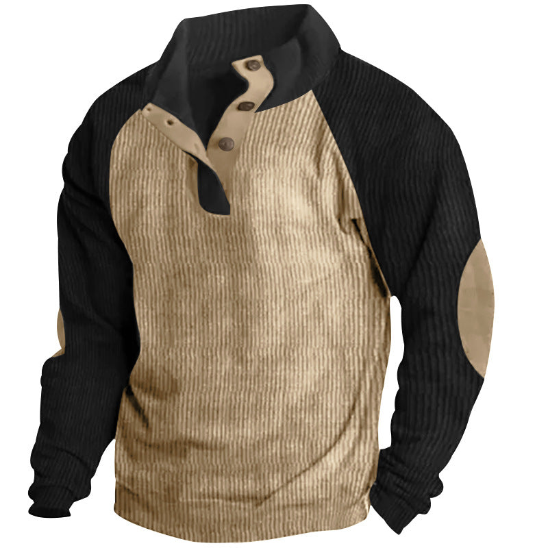 Herren nan strukturiertes Henley-Sweatshirt mit Stehkragen, Raglanärmeln und Ellbogenpatches EB
