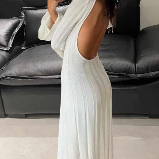 Damen Langärmliges Midikleid mit tiefem Rückenausschnitt und feinen Streifen EB
