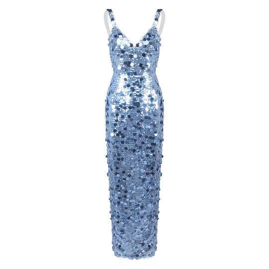 Damen Pailletten Maxikleid mit V-Ausschnitt und schmaler Silhouette EB
