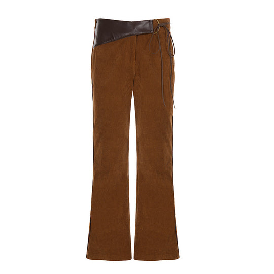 Damen nan ausgestellte Cordhose mit hohem Bund, Lederbesatz und Bindeband EB