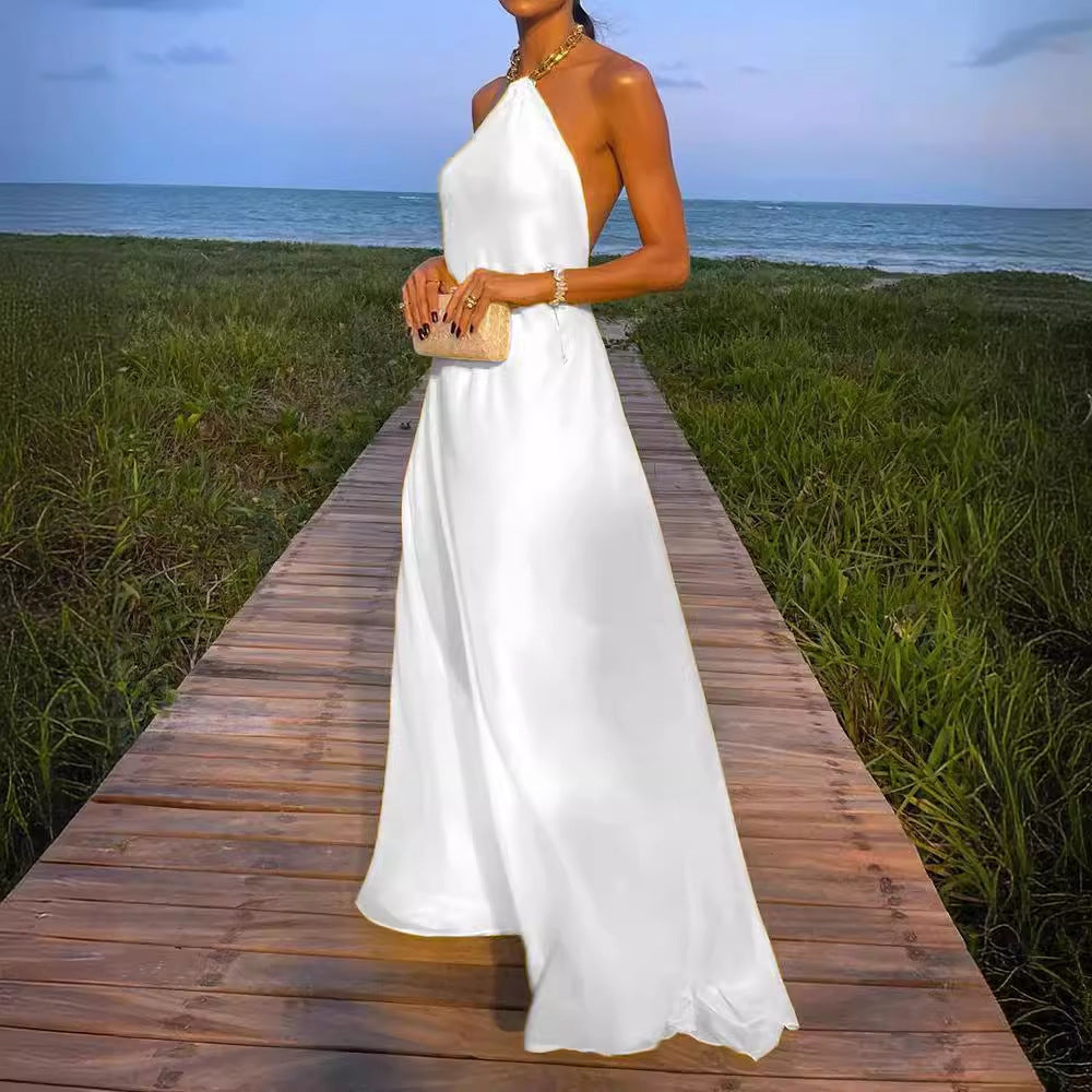 Damen Elegantes Maxikleid mit schmalem Halsband und fließendem Stoff EB