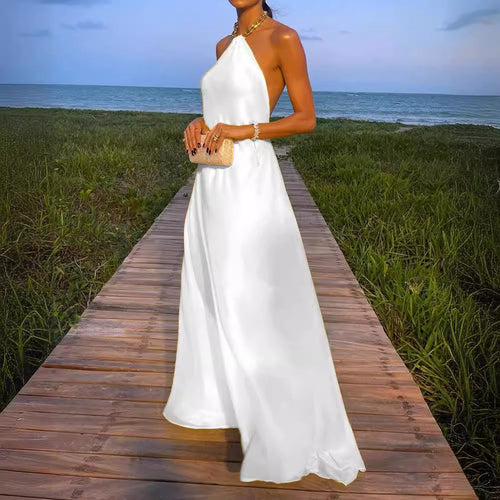 Damen Elegantes Maxikleid mit schmalem Halsband und fließendem Stoff EB
