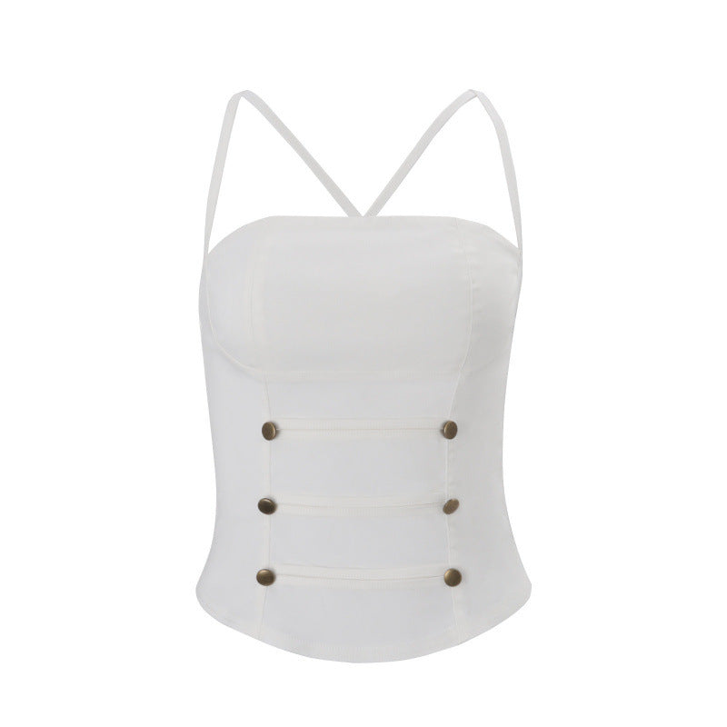 Damen Stylisches Top mit verstellbaren Spaghettiträgern und Knopfdetail EB