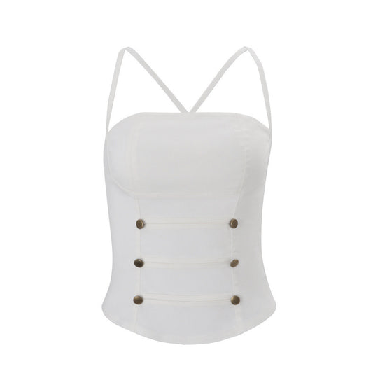 Damen Stylisches Top mit verstellbaren Spaghettiträgern und Knopfdetail EB