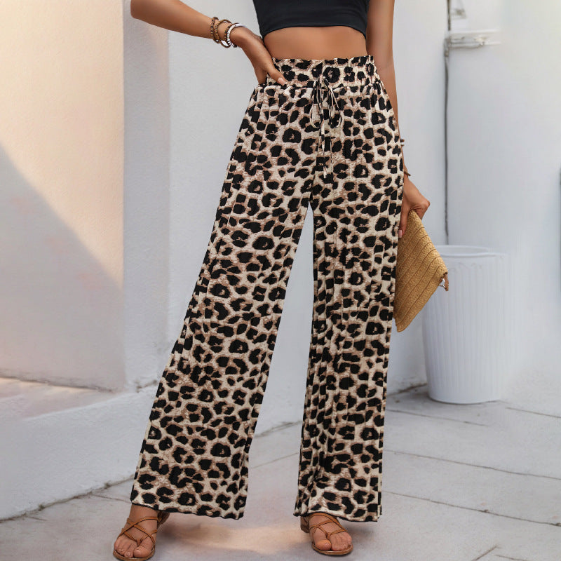 Damen Weite Leopardmuster-Hose mit elastischem Bund und Kordelzug EB