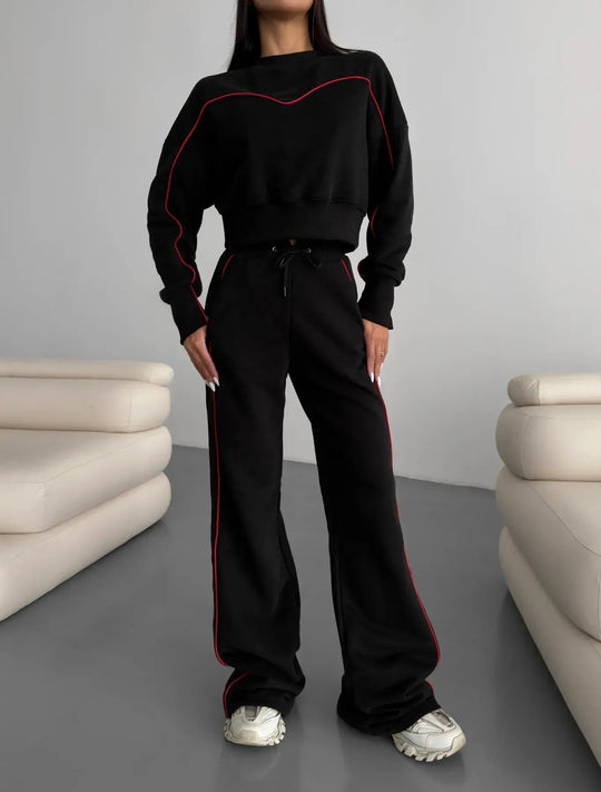 Damen kurzes Oversize-Sweatshirt mit Kordelzug-Jogginghose und Kontrastnähten EB
