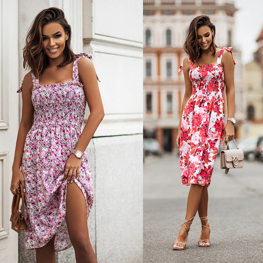 Damen Blumenkleid mit verstellbaren Spaghetti-Trägern und sexy Schlitz EB