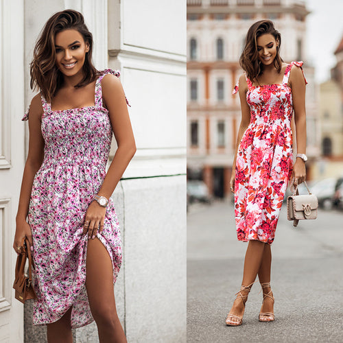 Damen Blumenkleid mit verstellbaren Spaghetti-Trägern und sexy Schlitz EB