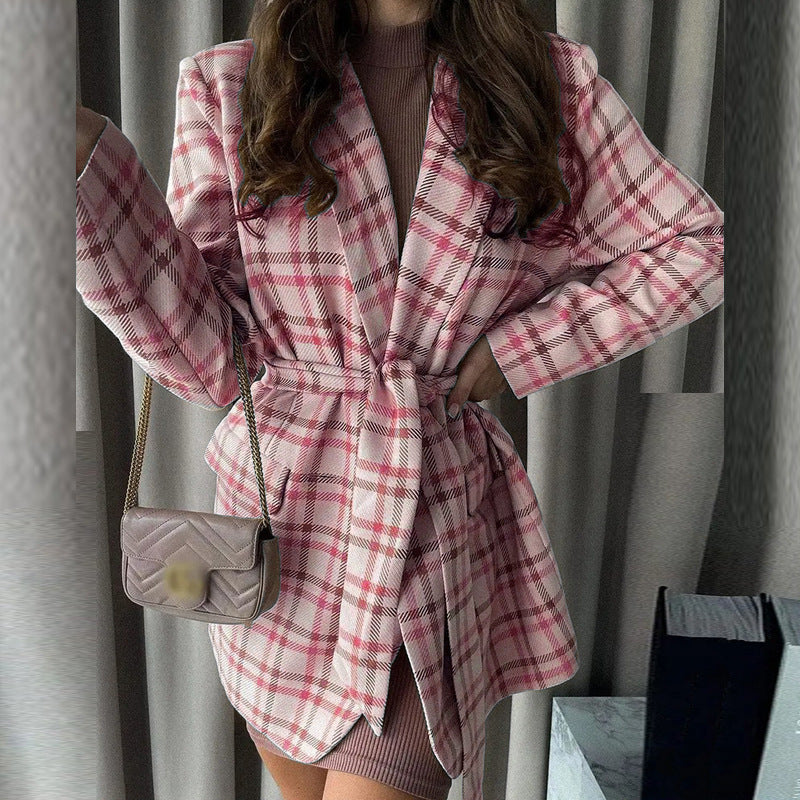 Damen Oversize karierter Mantelblazer mit Taillengürtel und aufgesetzten Taschen EB