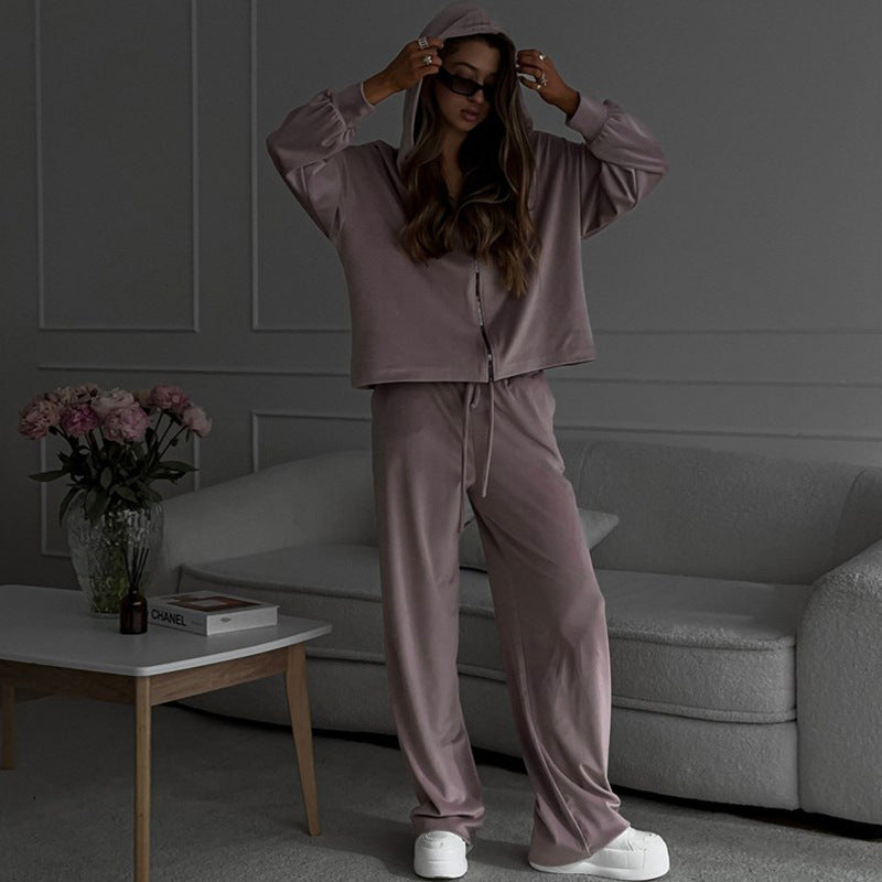 Damen nan luxuriöses Velours-Zweiteiler Set mit kurzem Reißverschluss-Hoodie und weiten Highwaist-Loungehosen EB
