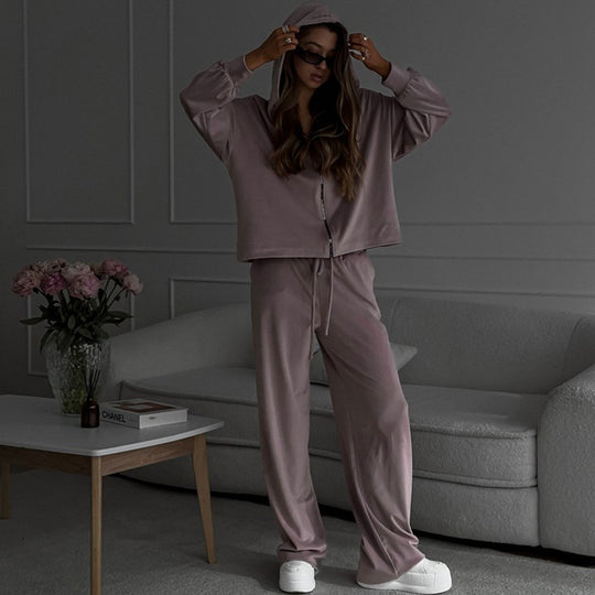Damen nan luxuriöses Velours-Zweiteiler Set mit kurzem Reißverschluss-Hoodie und weiten Highwaist-Loungehosen EB