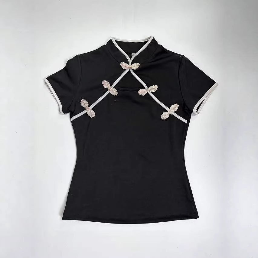 Damen Chinesisch inspirierte Bluse mit modernem Stehkragen und floralen Details EB