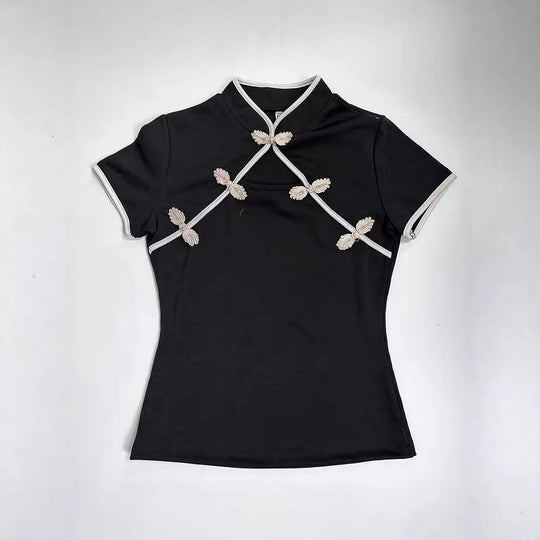 Damen Chinesisch inspirierte Bluse mit modernem Stehkragen und floralen Details EB