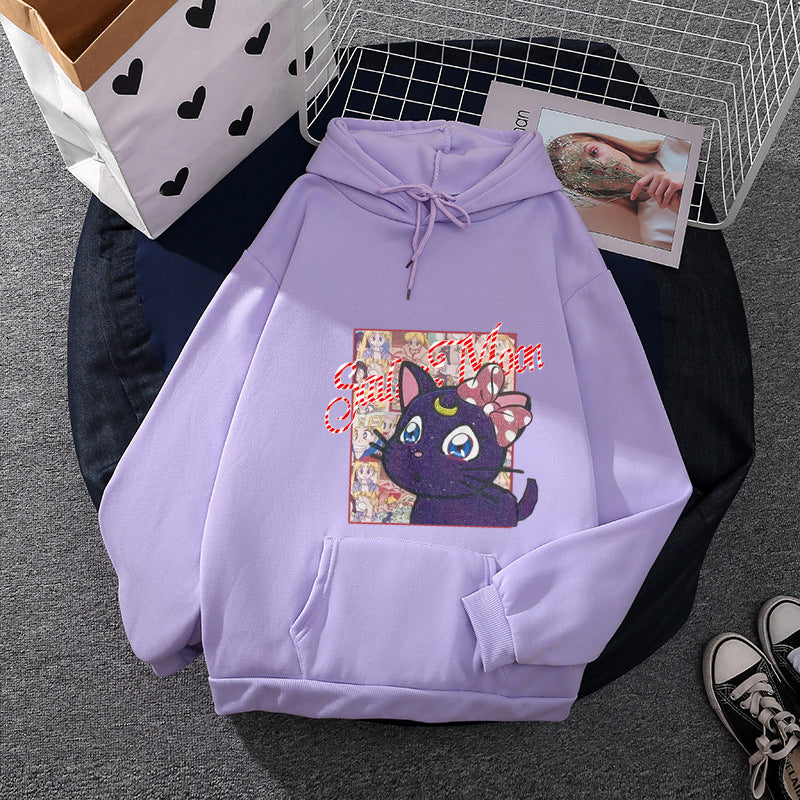Damen nan Oversize-Kapuzenpullover mit glitzerndem Anime-Katzen-Motiv, Kängurutasche und weichem Fleece-Innenfutter EB