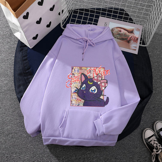 Damen nan Oversize-Kapuzenpullover mit glitzerndem Anime-Katzen-Motiv, Kängurutasche und weichem Fleece-Innenfutter EB