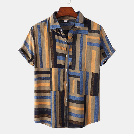 Herren Kurzarmhemd mit kreativem Patchwork-Muster und lockerer Passform EB