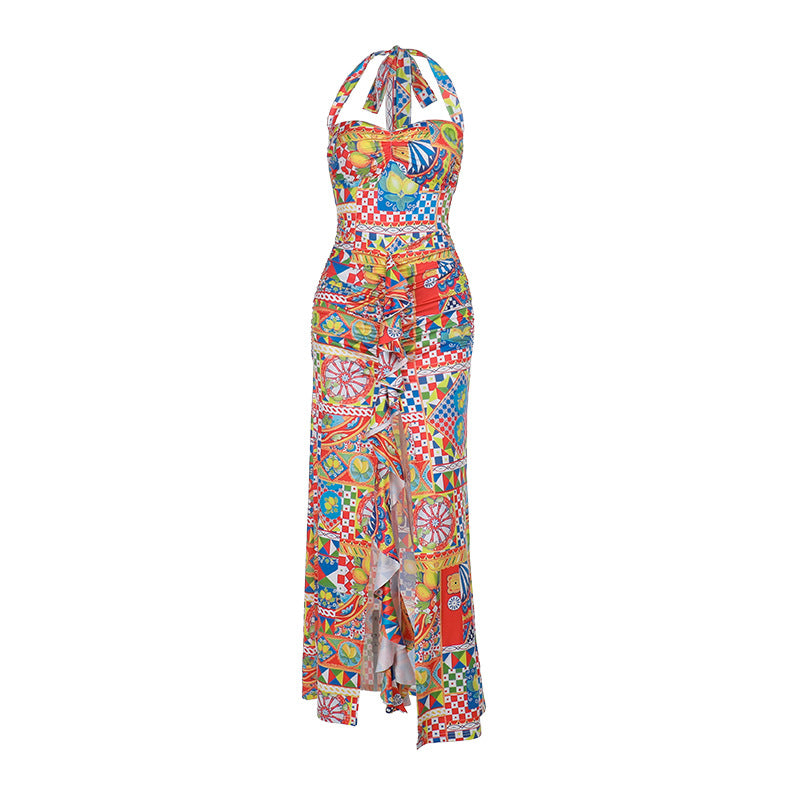 Damen Sommerliches Maxikleid mit buntem Druck und aufregendem Schlitz EB
