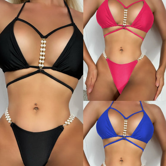 Damen Triangel-Bikini mit kunstvollen Perlenakzenten und verstellbaren Trägern EB