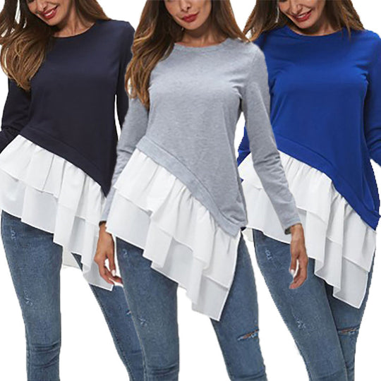 Damen asymmetrisches Sweatshirt mit gefächertem Rüschensaum EB