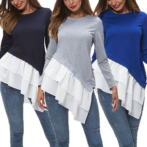 Damen asymmetrisches Sweatshirt mit gefächertem Rüschensaum EB