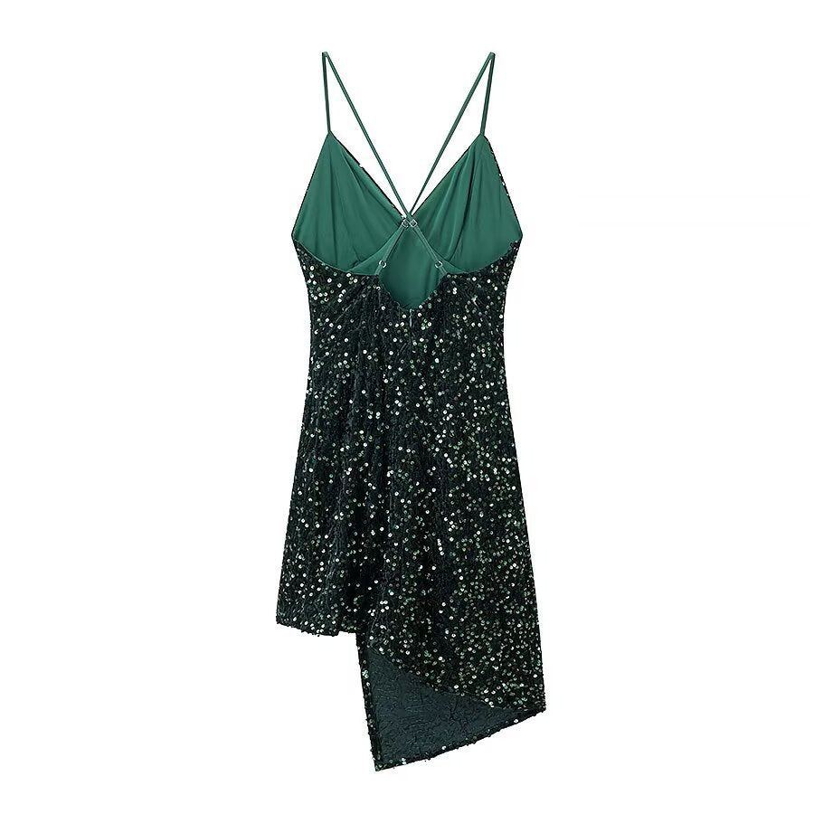 Damen Cocktailkleid mit schimmerndem Paillettenbesatz und asymmetrischem Saum EB