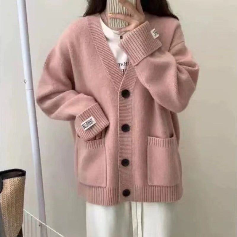Damen Grob gestrickter Cardigan mit großen Taschen und tiefem V-Ausschnitt EB