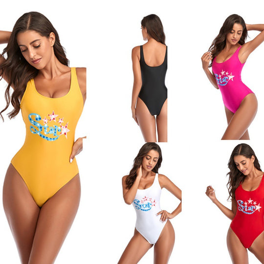 Damen Einteiler Badeanzug mit modischem Print und tiefem Ausschnitt EB