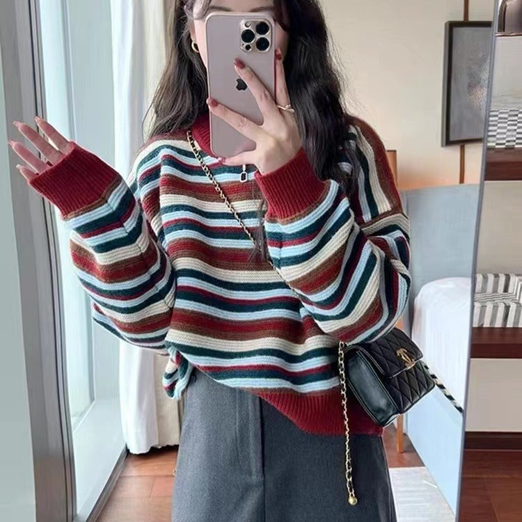 Damen gestreifter Pullover mit weitem Schnitt und modischen Details EB