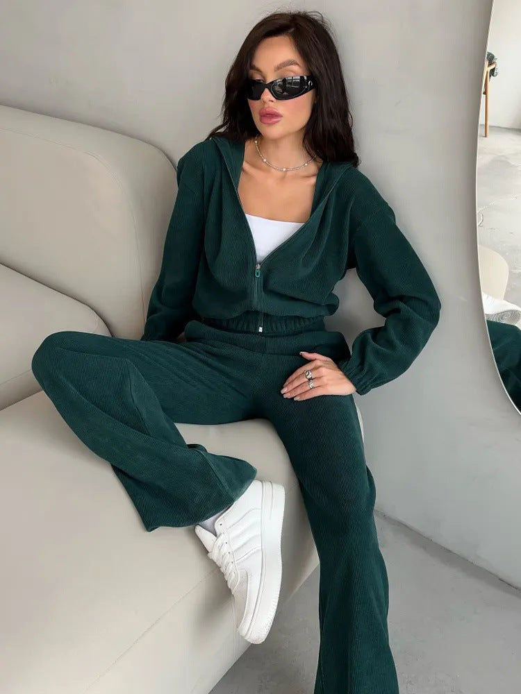 Damen nan kurzes Kapuzen-Loungewear-Set mit durchgehendem Reißverschluss, elastischem Komfortbund und gerippter Struktur EB
